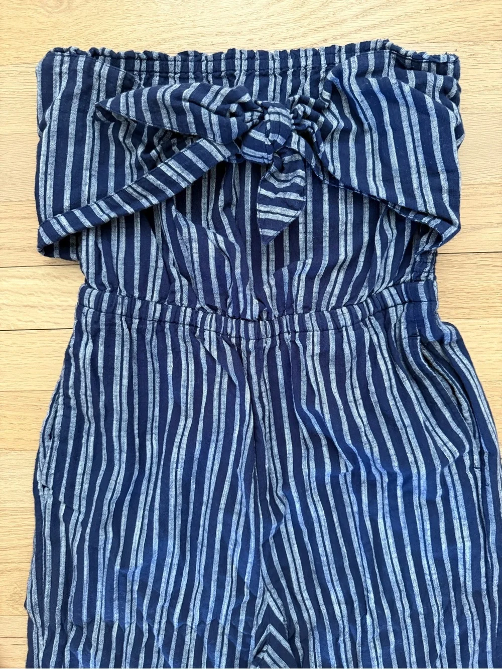Aerie Small Tie Front Blue Striped 100% Cotton Strapless Jumper Romper